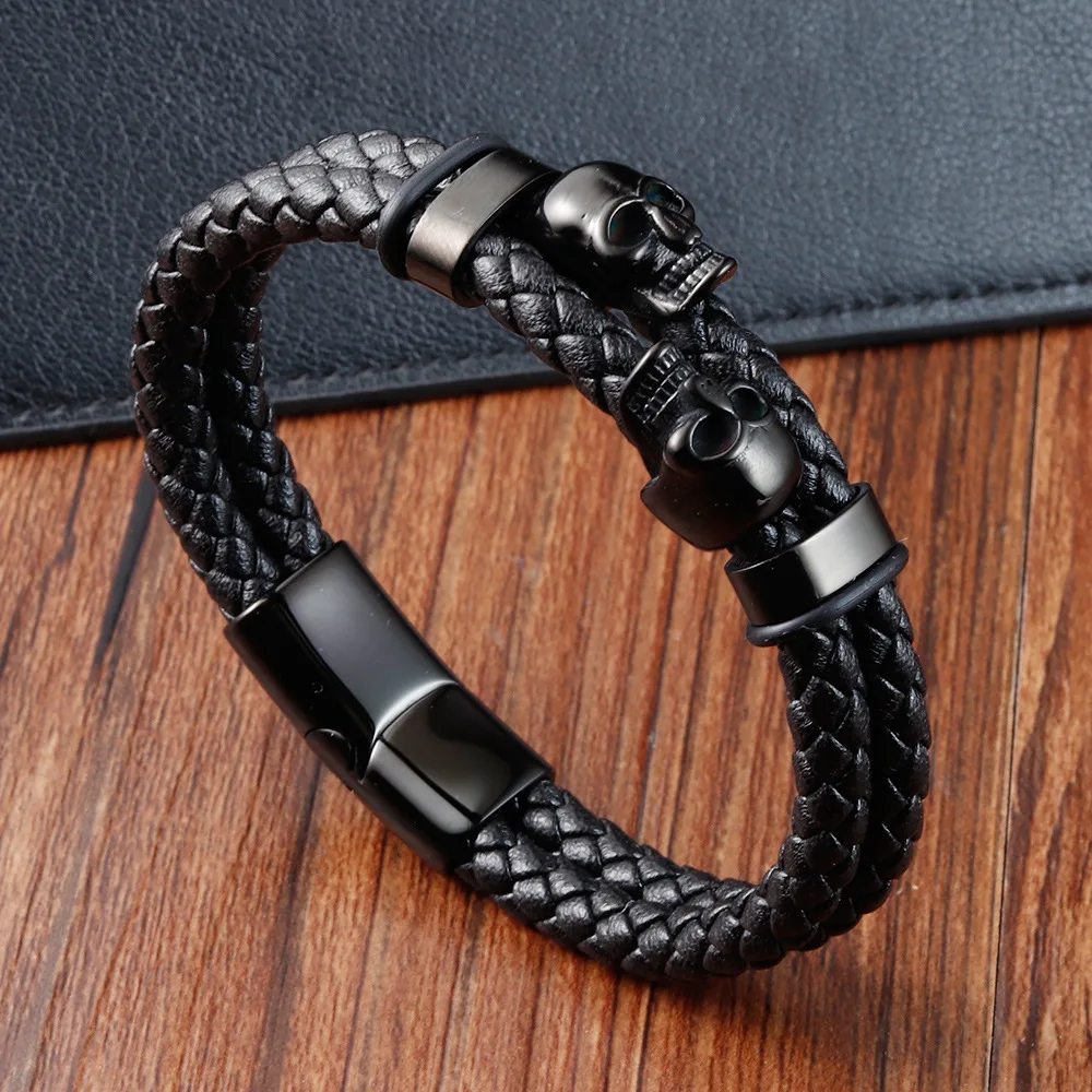 Best Selling Gold And Black Plated Stainless Steel Skull Design Pu Leather Bracelet Wholesale