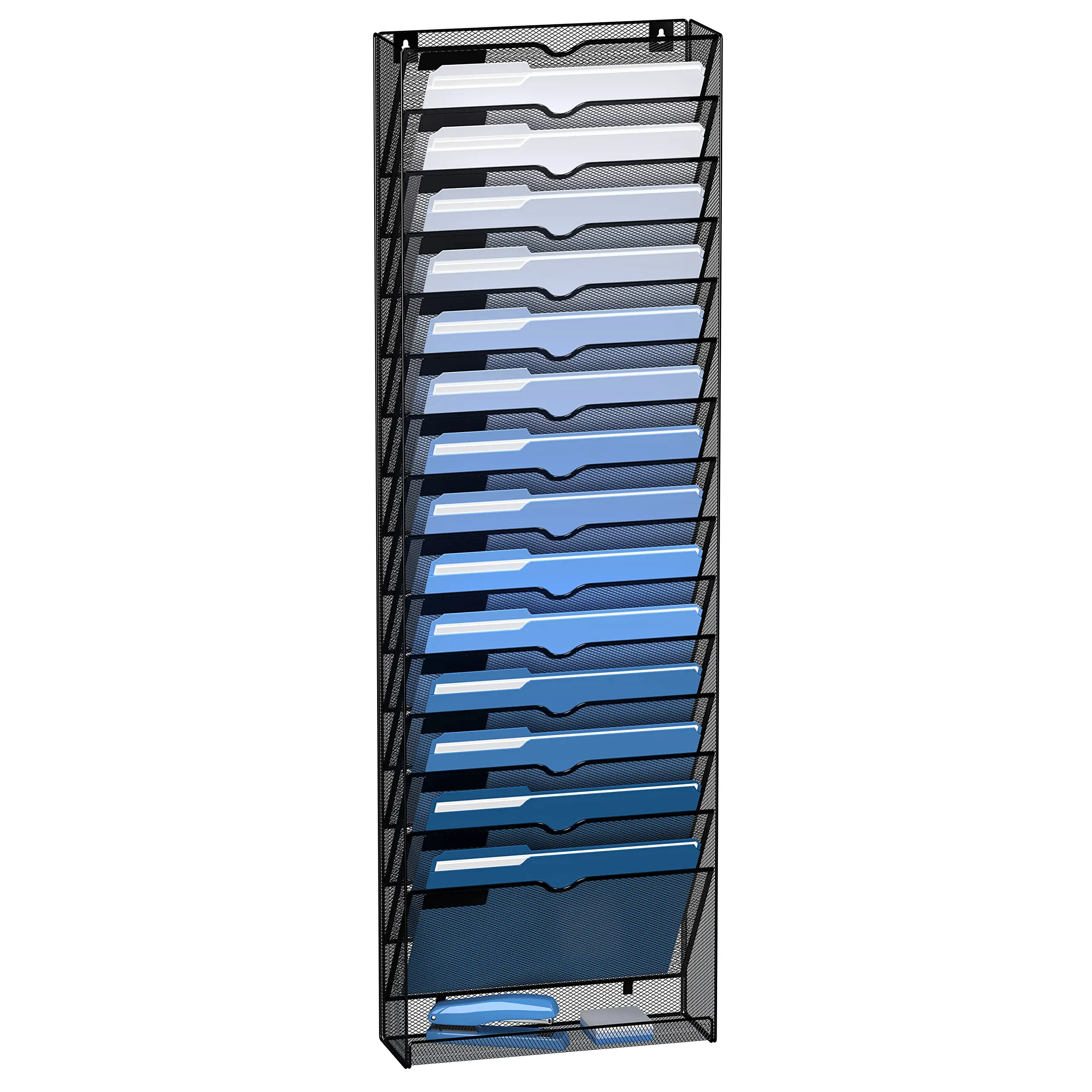 Metal Mesh 15 Tier Vertical Hanging Wall File Organizer with Bottom Flat Tray Holder for Papers and Magazines