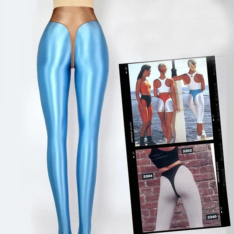 Sexy Shiny Thong Bikini Bottoms with Buttocks Silky Solid Bikini High Waist Tights Underpants High Fork Oily Briefs Large Size