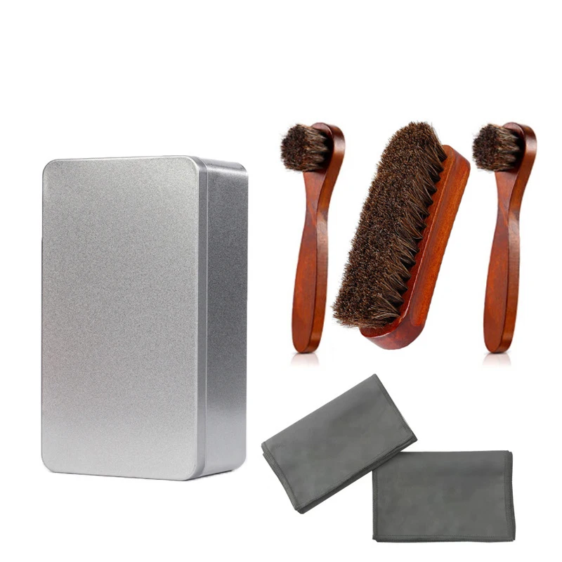 Wooden shoe brush, Leather shoes polishing brush with Iron box, wooden horsehair shoe brush set