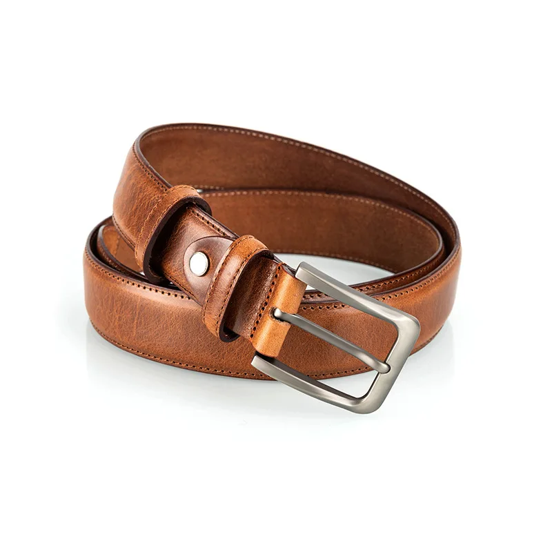 2022 super hot selling vintage design style brown color square metal alloy buckle grain pure leather belt for women and men