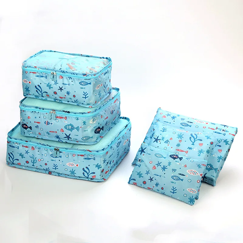 Custom full color printing 6pcs set compression packing cubes travel luggage packing organizer suitcase storage bag
