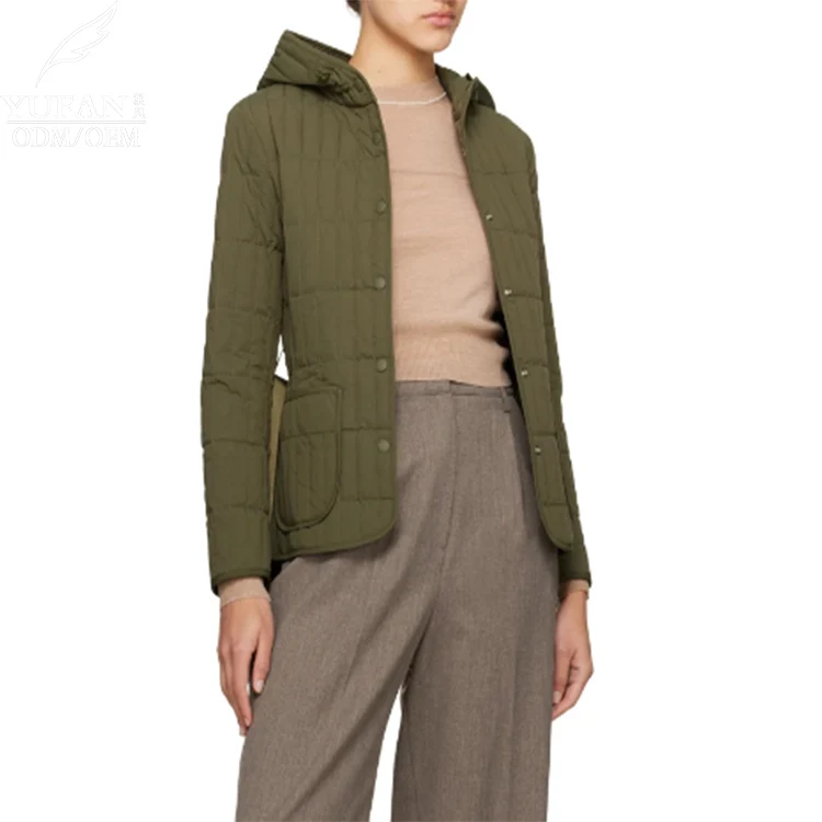 Yufan Custom fashion style warm down jacket waterproof fabric slim puffy belt green down jacket coats for women