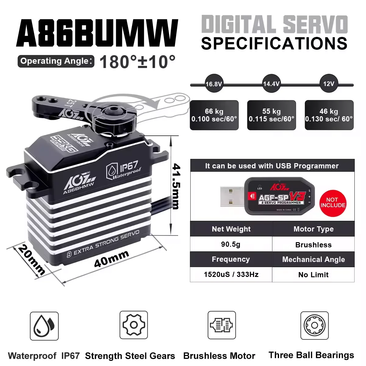 AGFRC 16 8 В A86BUMW 66 кг Монстр крутящий момент 0 1 сек высокоскоростной 4S BLS программируемый сервопривод для 1/8 радиоуправляемых грузовиков/багги