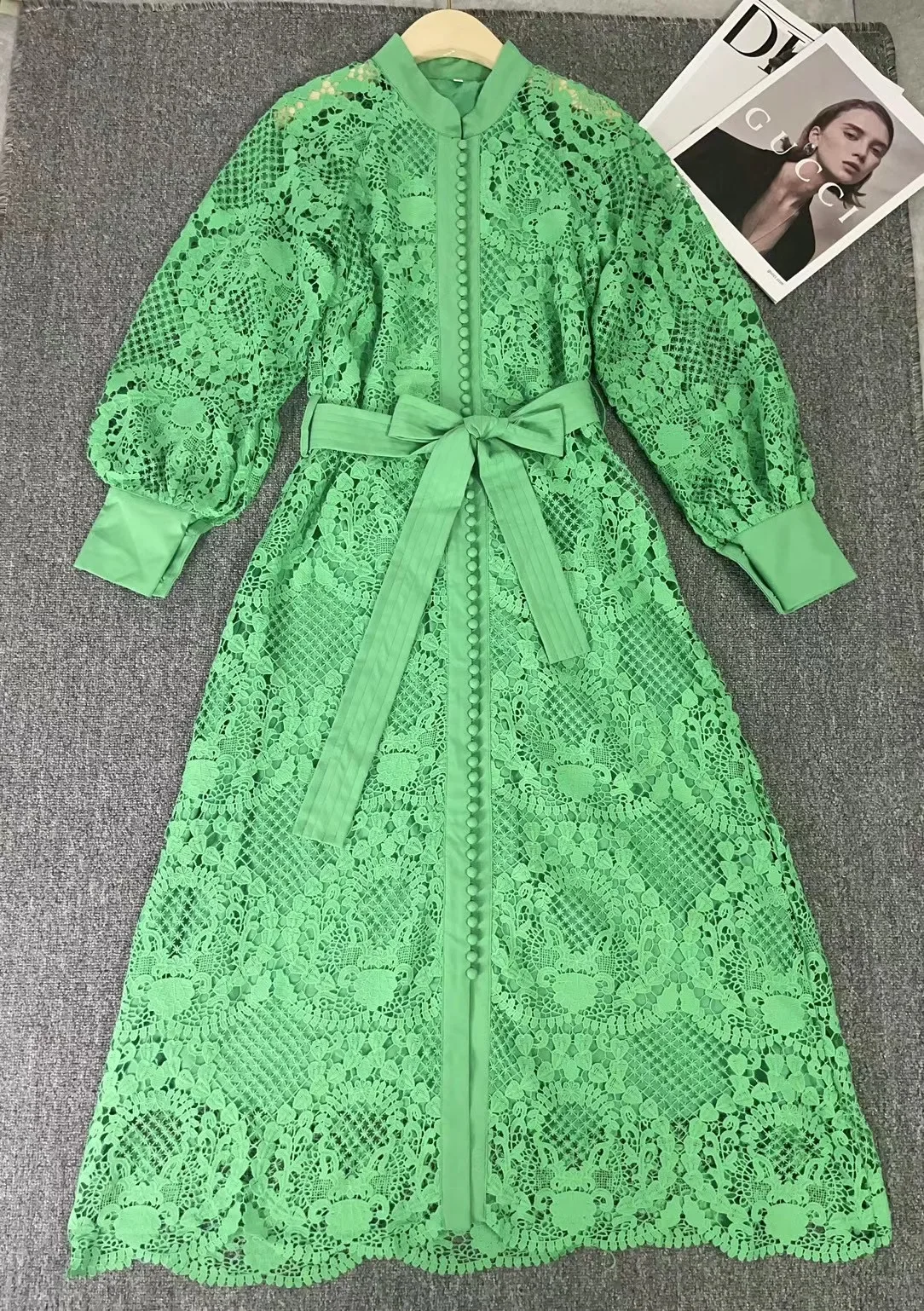 Elegant Dress Cotton Long Sleeve Hollow Pattern Belt Design Women Casual Daily Bettergirl Autumn Round Neck Ladies Dress 1 Piece