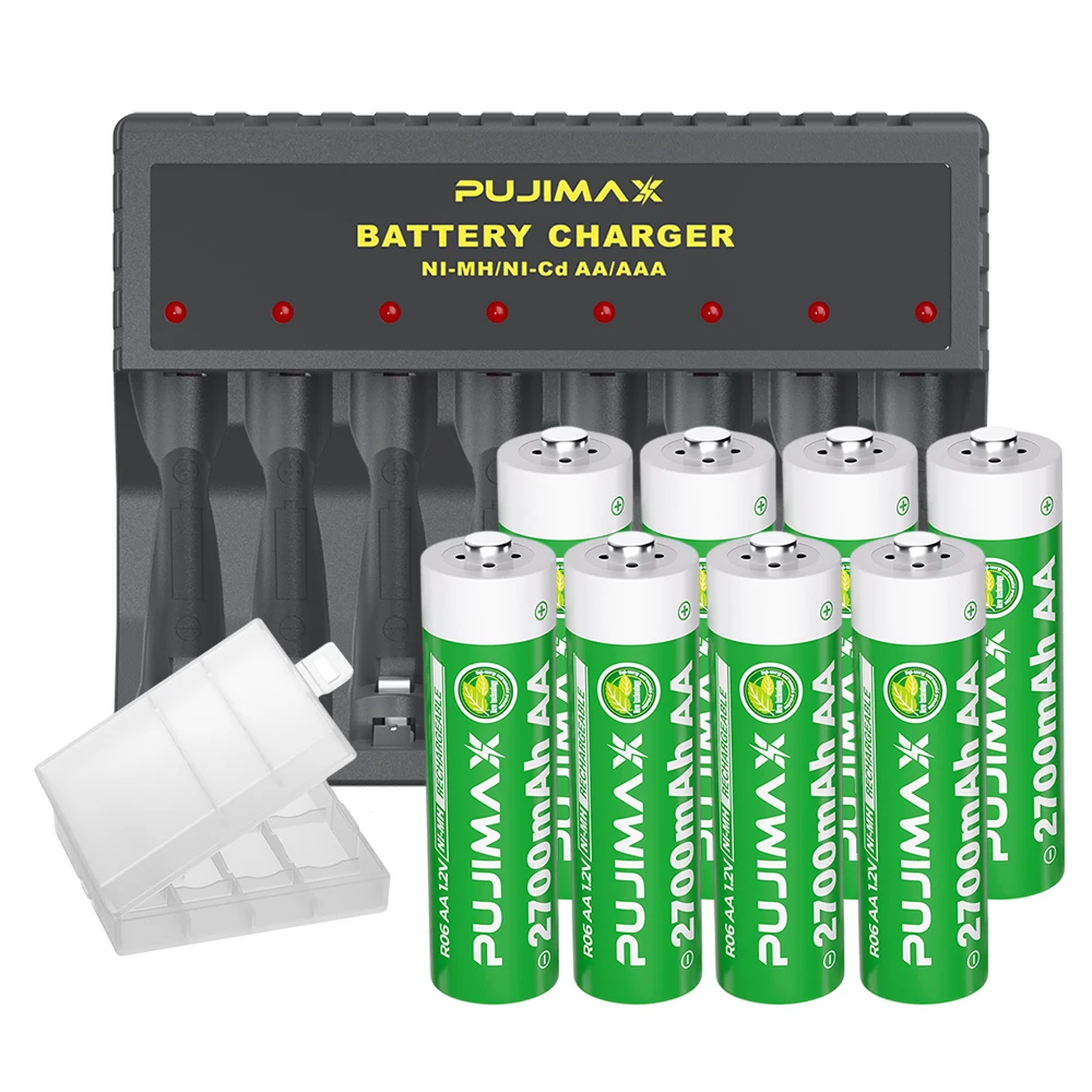 PUJIMAX Multi Slot Battery Charger Eight pcs Nimh Batteries Set AA Rechargeable Ni-mh Battery 1.2V with LCD Display Fast Charger