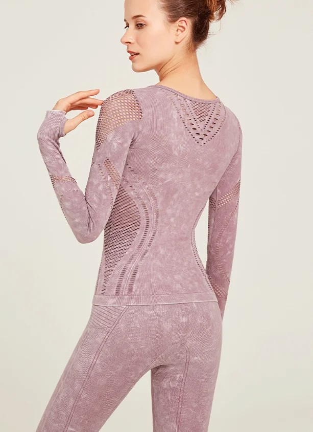 New style fashion cheap women hollow out printing fitness wear long sleeve yoga tights top