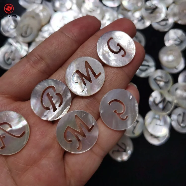 Redleaf Wholesale 26 English Letters Hollow Natural Shell High quality Round Shape Natural White Mother Of Pearl Shell