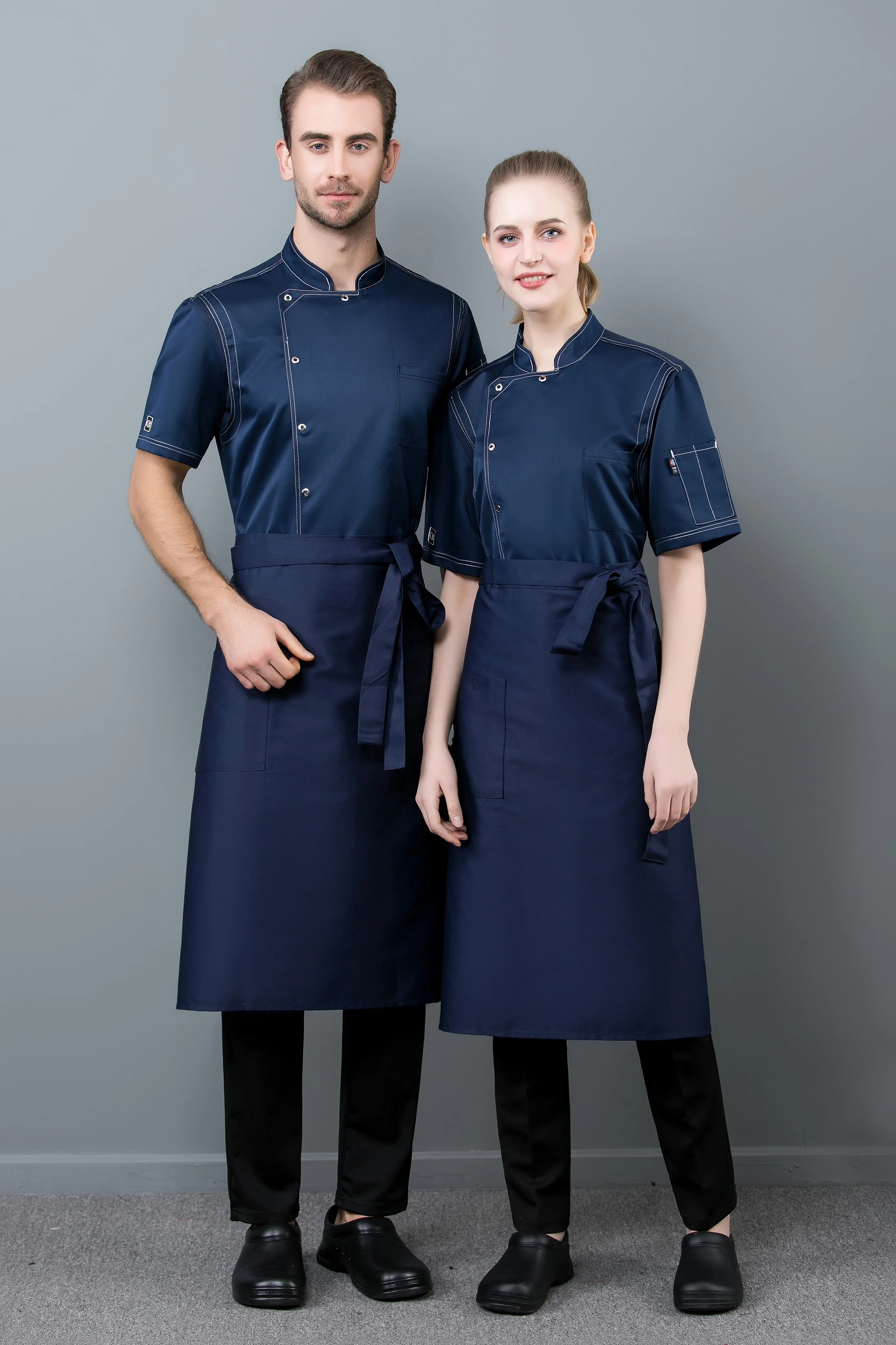 OEM Wholesale Custom Summer Hotel Uniforms Black Short Sleeve Chef Jacket Quantity Cotton Unisex Item Style Time Lead Fabric BEI