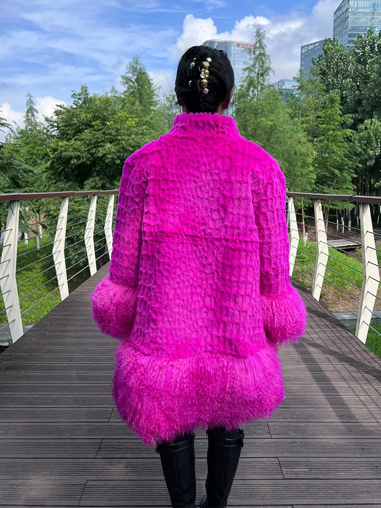 Women Fashionable Fuchsia Color Rex Rabbit Fur Jacket Real Fur Coat with Lamb Fur Stand up Collar Wholesale Price From Factory