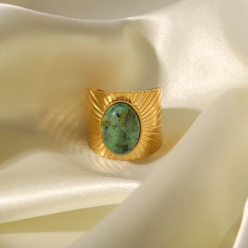 Vintage Oval African turquoise wide-faced opening Ring 18K gold plated stainless steel Sun Ring for women