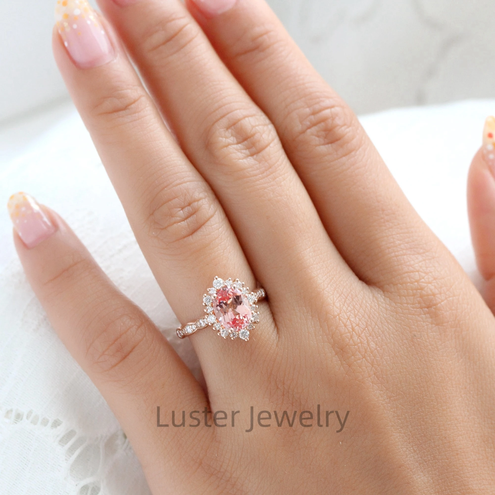 Luster Large Vintage Style 10K 14K 18K Gold Halo Moissanite Band 8x10mm Lab Grown Peach Pink Sapphire Ring for Woman