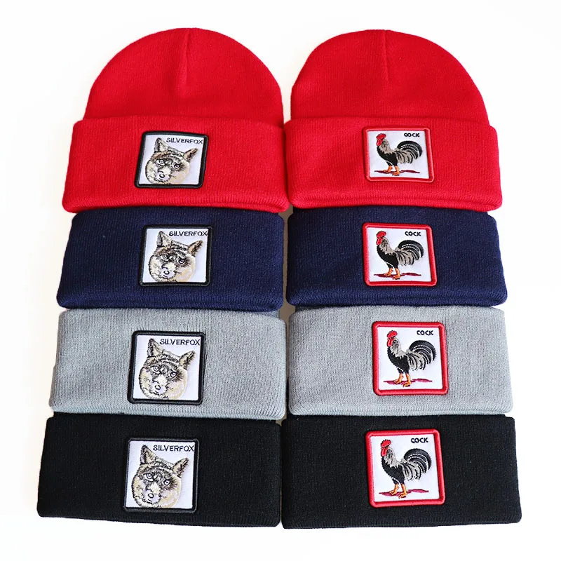 Popular Animal Rooster Embroidery Knitted Hat Deer Fox Wolf Elephant Tiger Shark Scorpion Sleeve Ski Cap Winter Cold Beanie