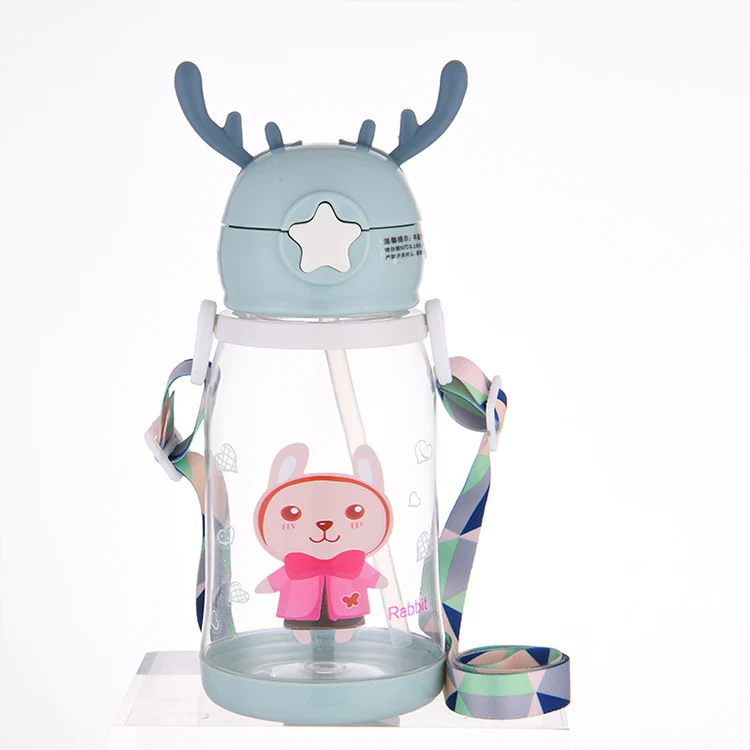Michley 600ml Cartoon Antlers Christmas Reindeer Portable  Children plastic Kid Baby Water Bottles With Shoulder Strap