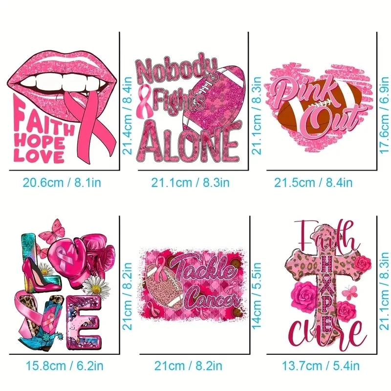 6-Pack Breast Cancer Awareness Heat Transfer Vinyl Decals DIY Iron-On Transfers for Clothing T-Shirts Jackets and Backpacks
