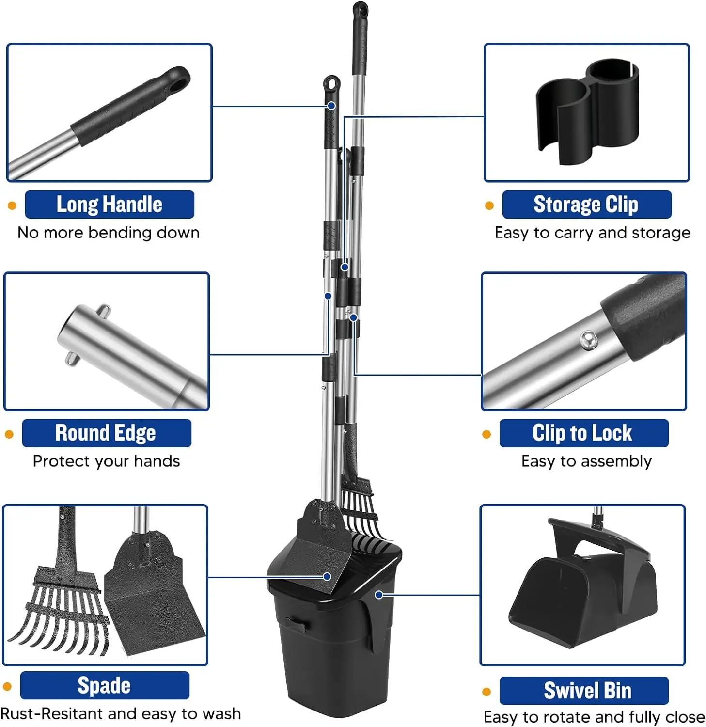 Portable Pet Poop Scooper Swivel Bin Rake Shovel Long Handle Dog Poop Picker Pooper Scooper