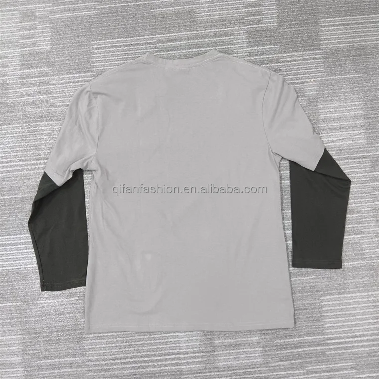 Custom printing cotton two tone long sleeve 2 in 1 double layer t shirt for men