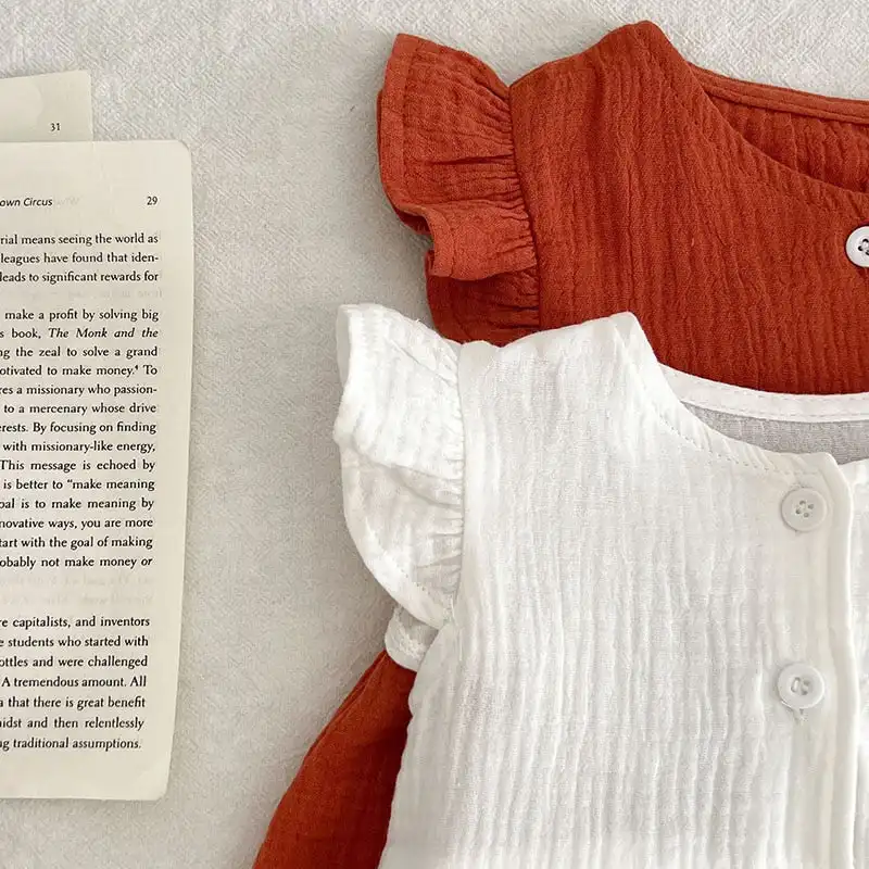 Summer baby girls flying sleeve suspenders stretch button pure color crepe frilly dress romper kids bodysuit