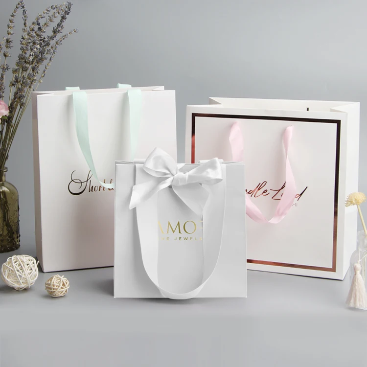 Luxury cardboard cosmetic shopping packaging custom white fashion design your own logo printed paper bag