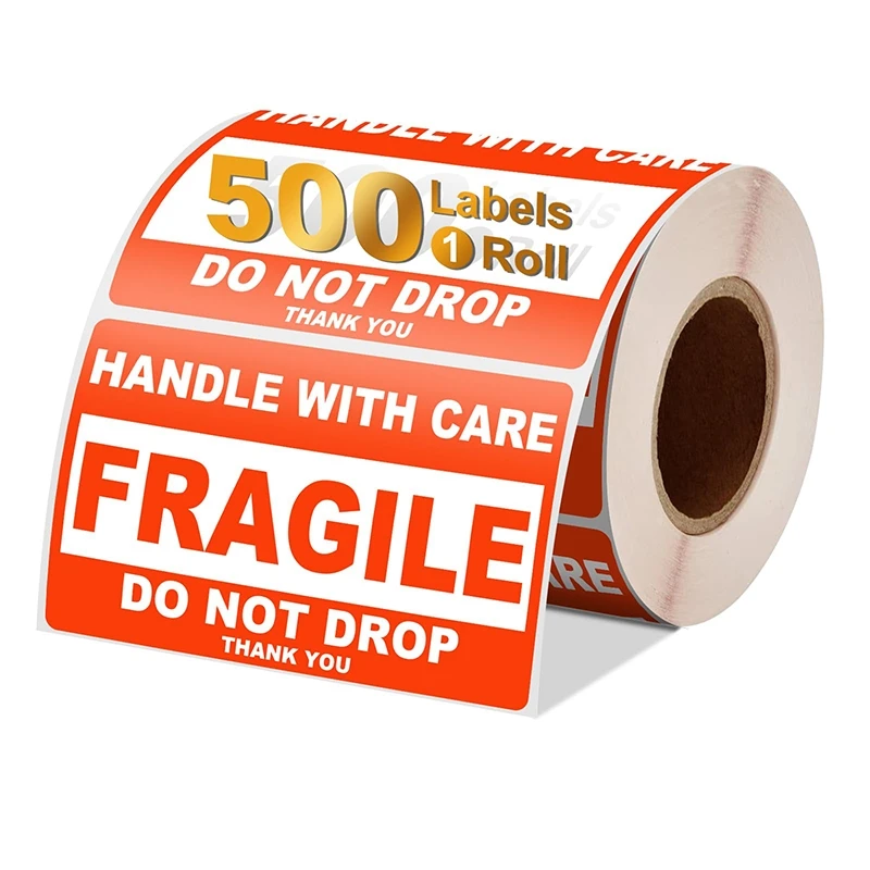 Red Waterproof Warning Label Sticker Permanent Adhesive Fragile Shipping Packaging for Handle with Care Custom Copper Material