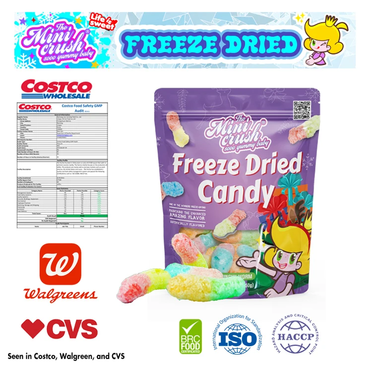 Crispy  Candies Freeze-Dried Sour Gummy Worms Sweet and Sour Confectionery for Christmas