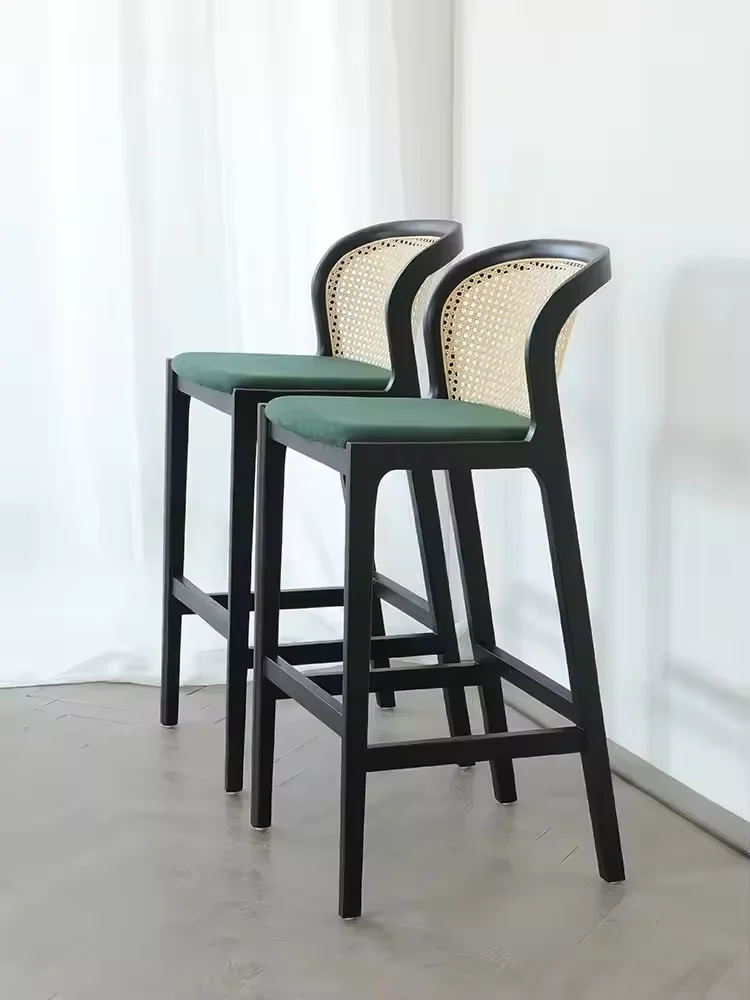 solid wood natural rattan bar stools with backs