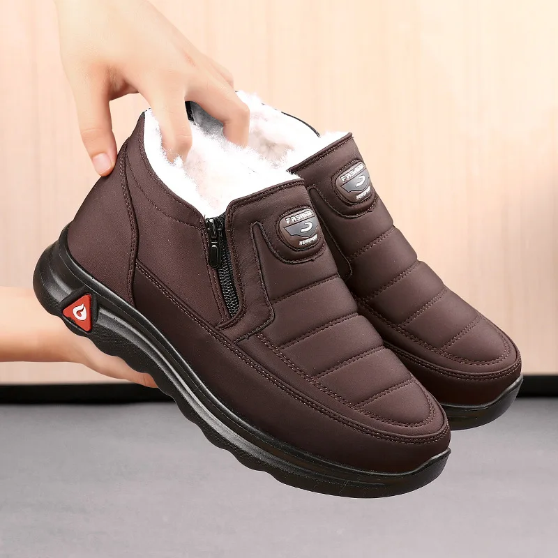 Soft PU sole side zipper wool lined anti slip Men winter wool warm shoes loafers waterproof snow boots for man