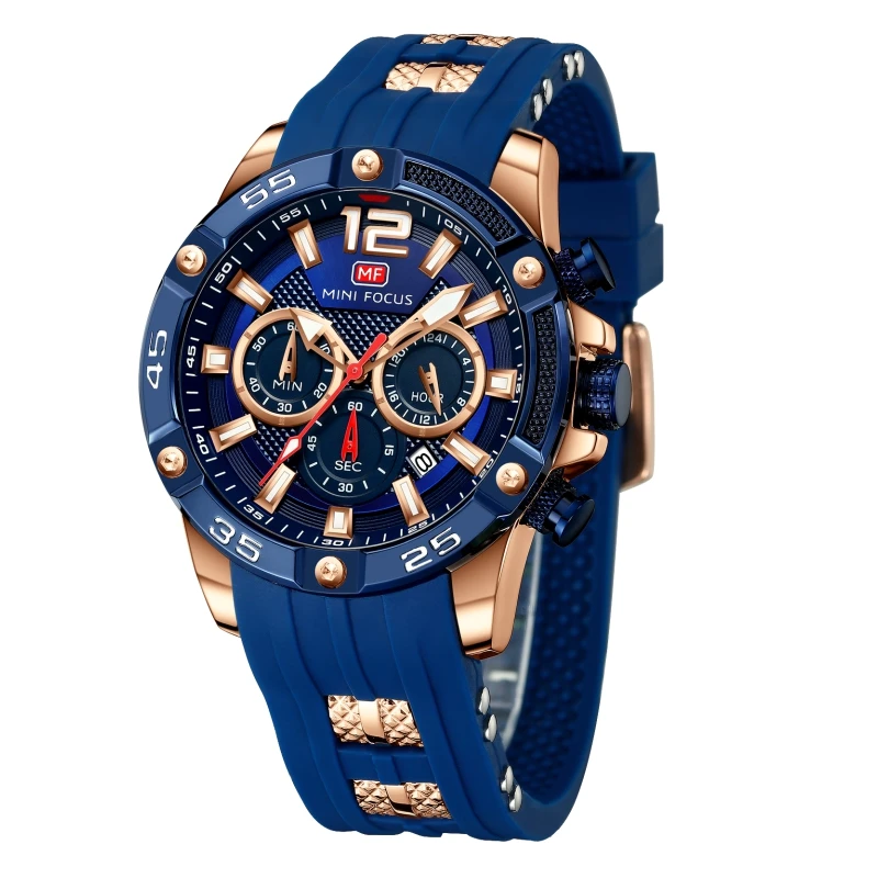 MINI FOCUS 0349 Mens Chronograph Watches Luminous Sport Wristwatch Blue Silicone Strap Quartz Watch reloj minifocus