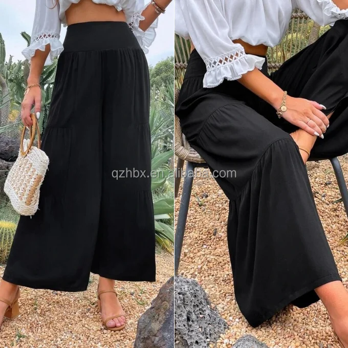 Elegant Fashion Linen Trousers 14 Colors High Waist Easy Home Walk Lounge Beach Vacation Layered Frill Loose Flare Pants