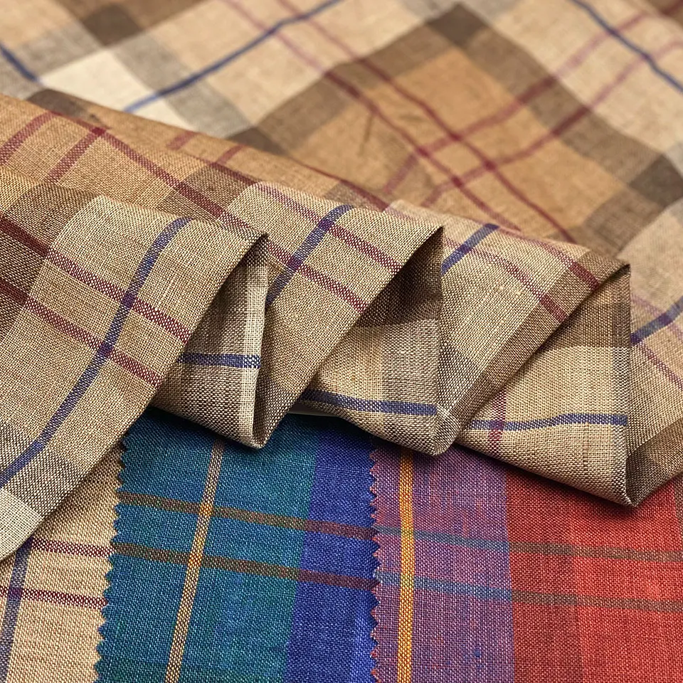 wholesale china high quality fashion yarn dyed shirt plaid check 100% flax hemp linen fabric for clothing