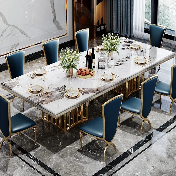 luxury dining room furniture modern metal dining table set 8 seater gold dining table