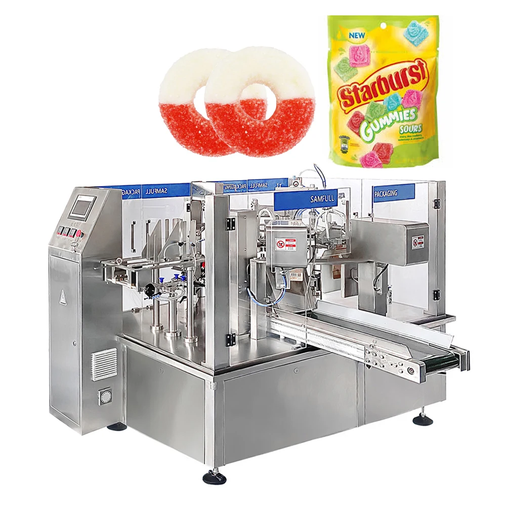 Automatic weigher gummy candy stand up zipper bag packing machine premade bag small candy doypack packaging machine