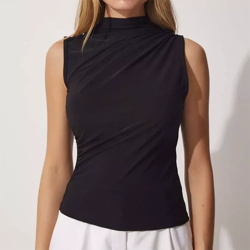 Custom Wholesale Pleated Sleeveless High Collar  Blouse tops Shirts For Women