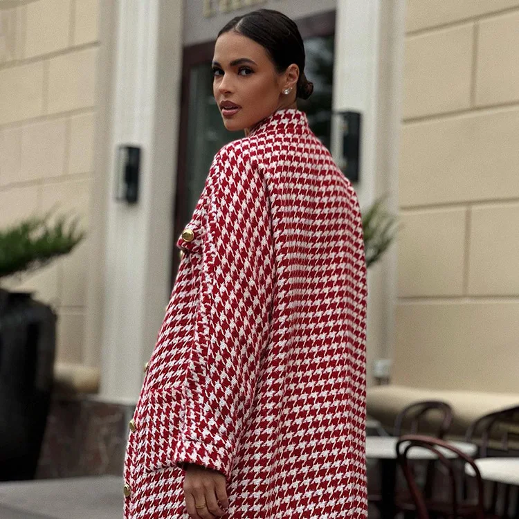 Enyami Elegant Winter Collection Retro Red Houndstooth Fashion Leisure Casual Long Sleeve Cardigan Coat Skirt Co Ord Sets Women