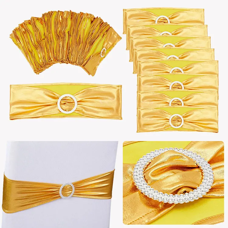 Hot Selling Spandex Wedding Sashes Gold Chair Sashes Chair Cover Stretch Band With Buckle Slider For Wedding Banquet Decoration