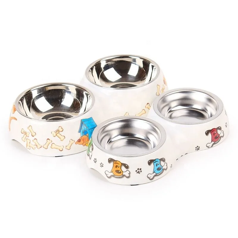Wholesale cartoon two-in-one pet double bowl anti-slip stainless steel double food and water bowls for pets cat dogs