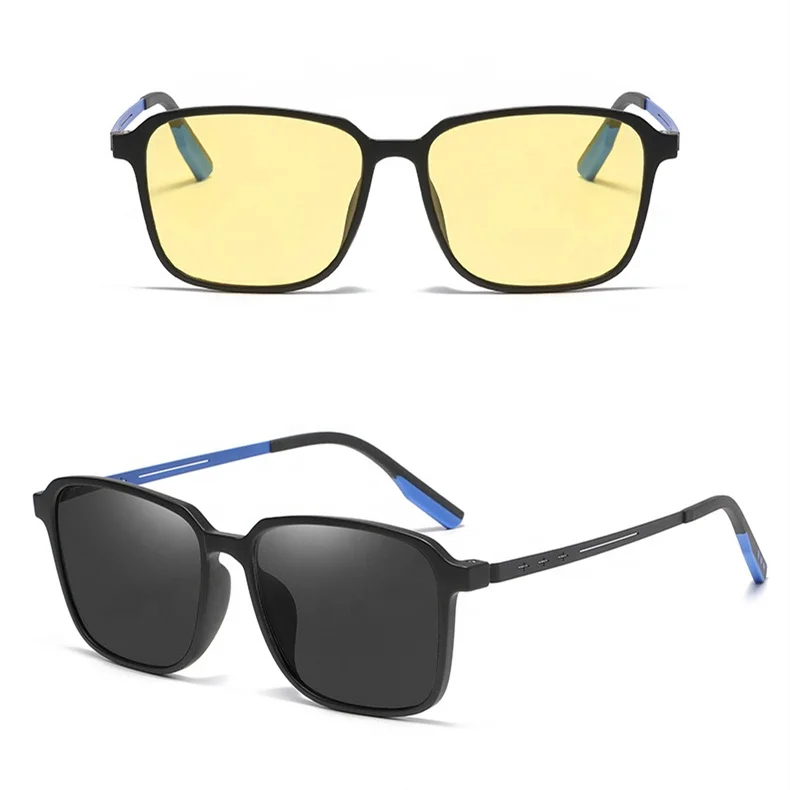 yellow lens change to grey big square metal TR90 photogray 2025 photochromic night vision bifocal reading progressive glasses