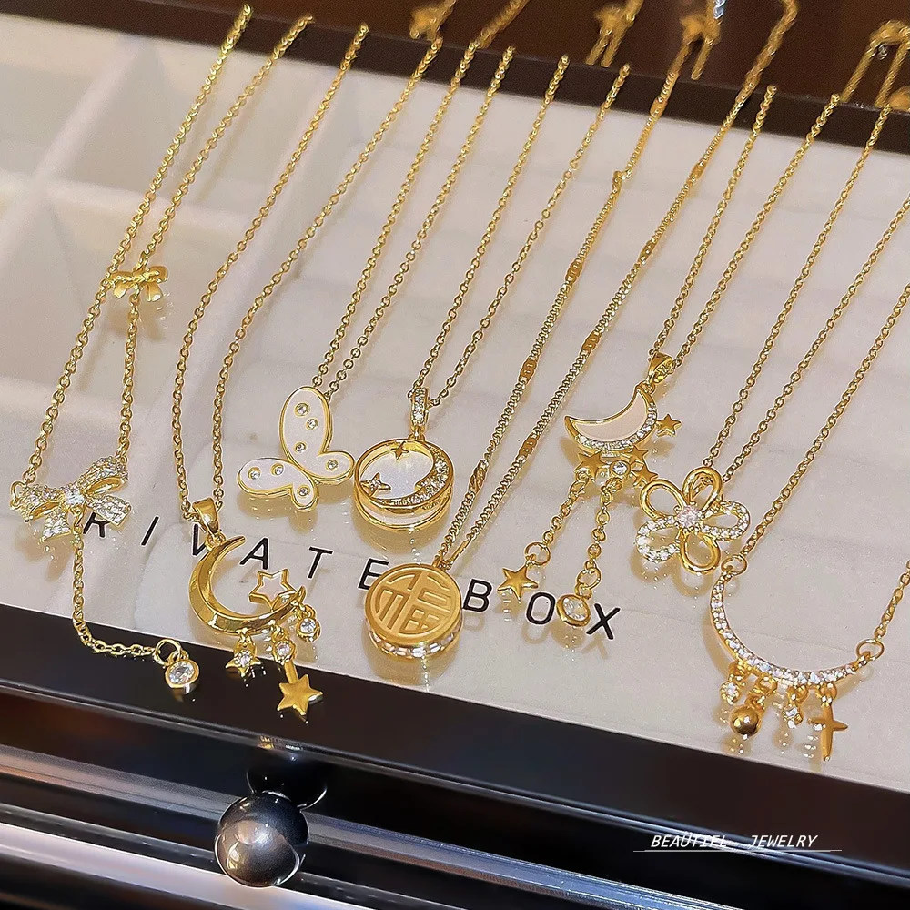 Luxury Stainless Steel 18k Gold Zircon Heart Butterfly Moon Planet Pendant Necklace Women hot Star Flower Necklace For Gift