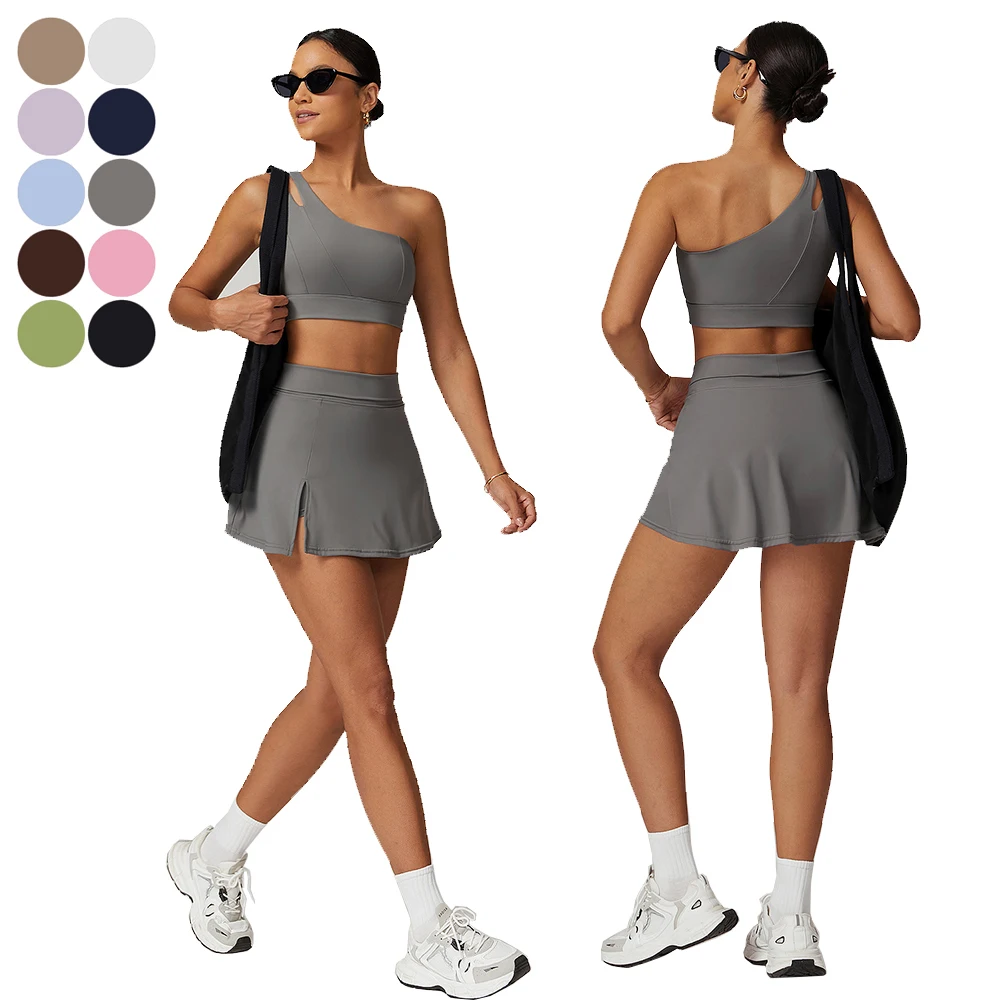 Workout clothing sexy gym fitness One shoulder tennis bra and skirt set for women