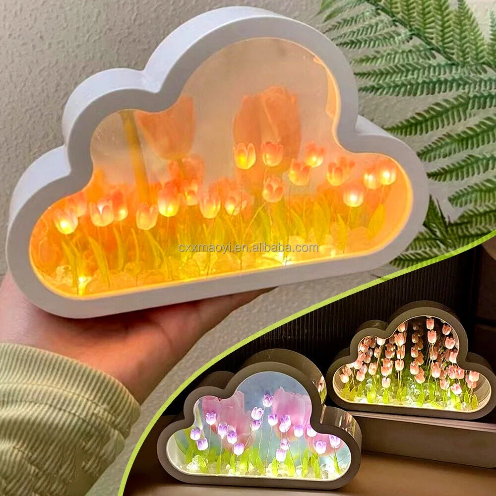Purple multicolor infinity cloud shaped tulip mirror box lamp