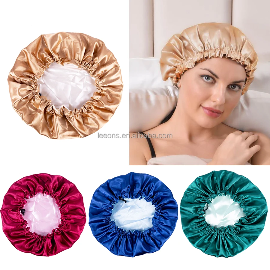 Leeons Cheap Adjustable Satin Bonnet Sleep Cap Silky Satin Cap For Night Sleeping Hair Bonnet Waterproof Bathing Accessory