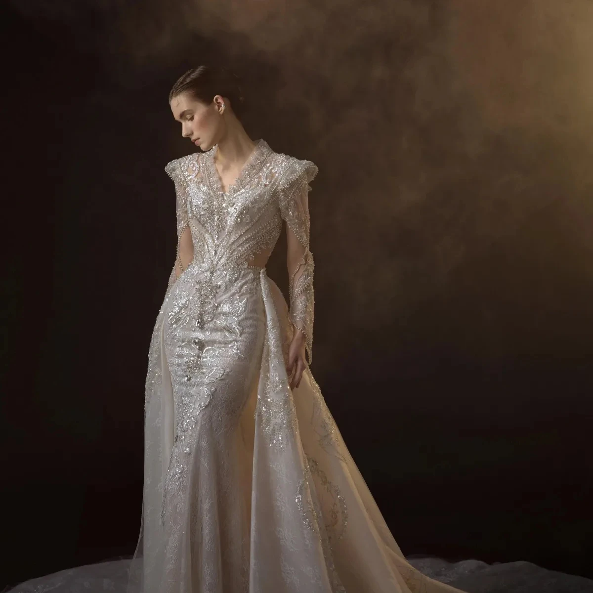 New collection v-neck  shoulder pad long sleeves lace beads mermaid cover skirt wedding dress with removable train