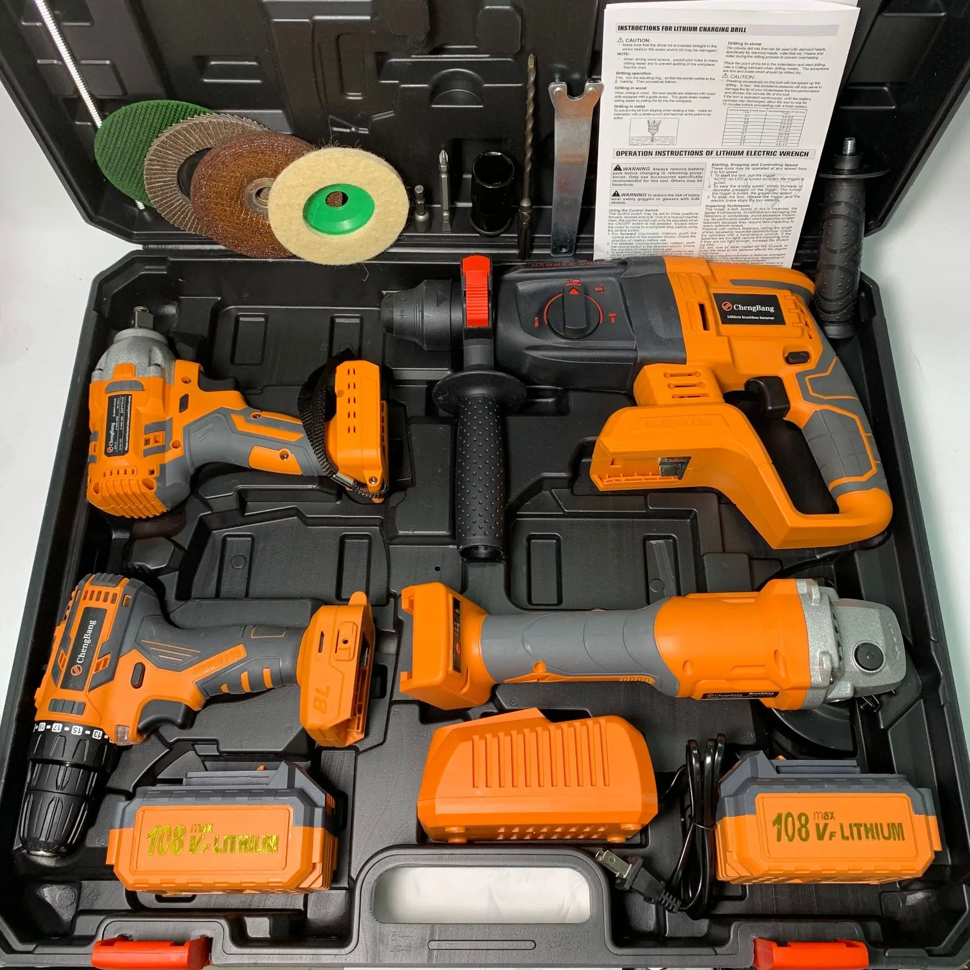 SAFENDER  4pcs Power Tools Portable Lithium Electric Hammer Drill Brushless Angle Grinder Cordless