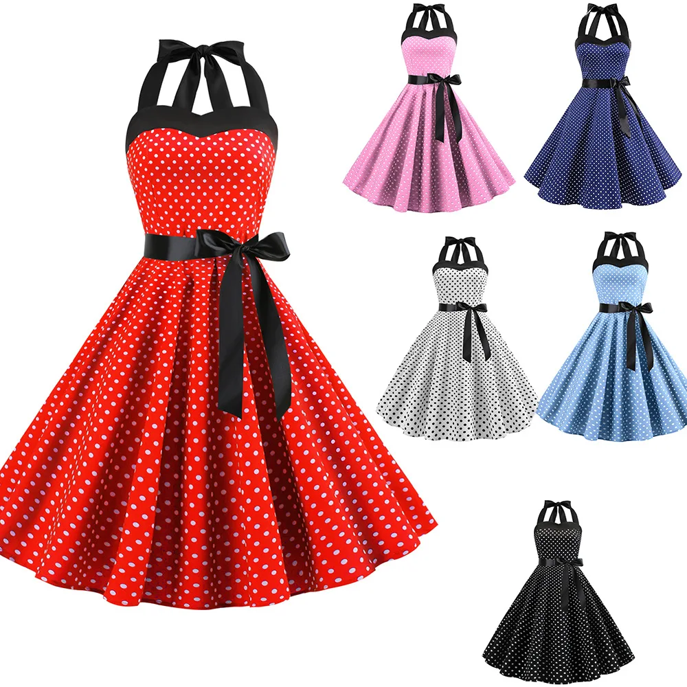 Sexy Halter Party Dress Women Summer Backless Vintage Dot Dresses Retro Rockabilly Swing Robe femme Elegant Midi Sundress