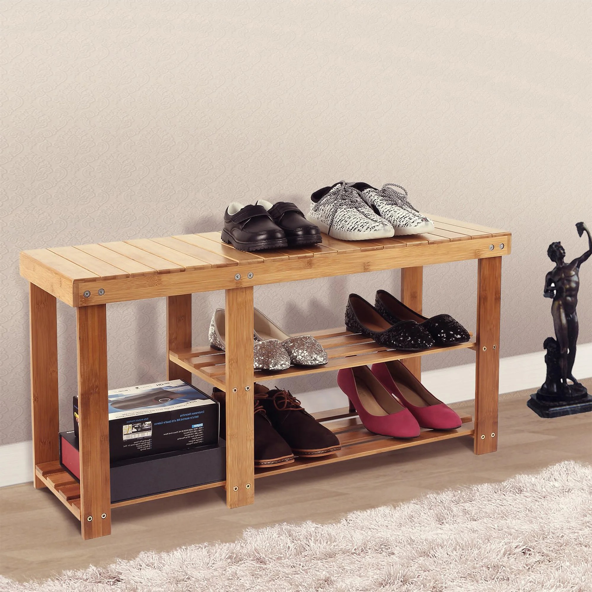 Sturdy Shoe Rack Bench 3-Tier Bamboo Shoes Organizer Ideal For Entryway