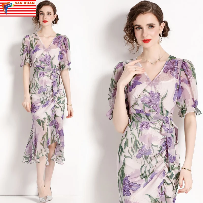 stock women manufacturers clothes wholesale vintage elegant lady floral american long Evening casual Dresses brand labels-8299