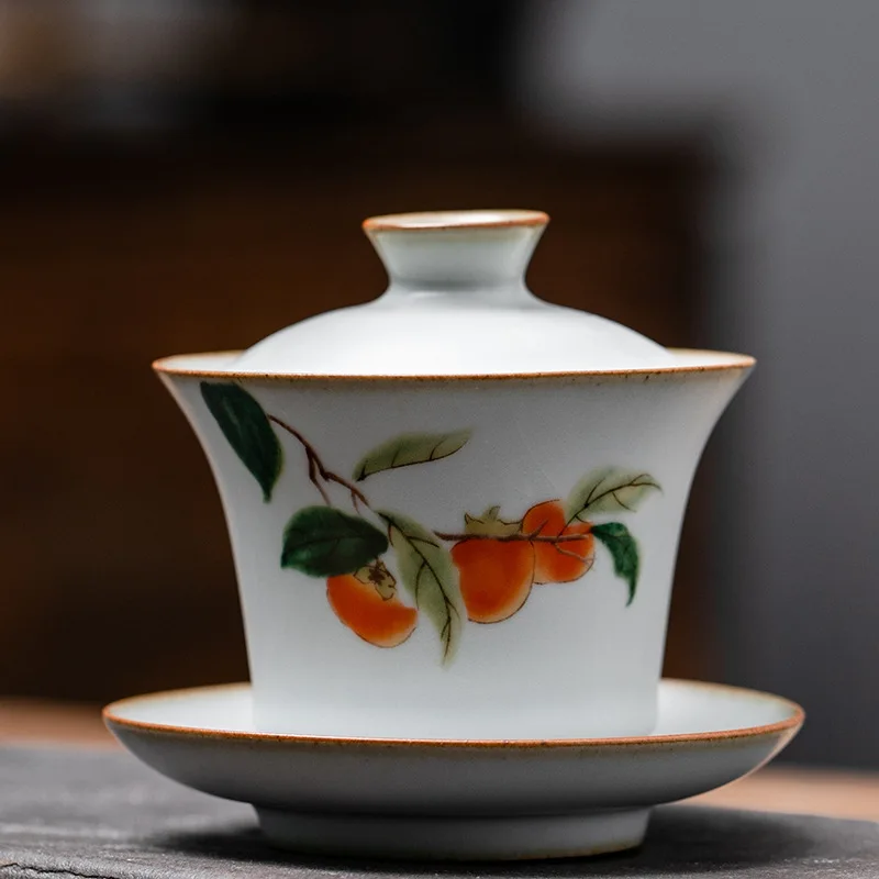 Chinese style handmade ru-ceramic kungfu flower tea cup and saucers set  chawan  with lid 170ml