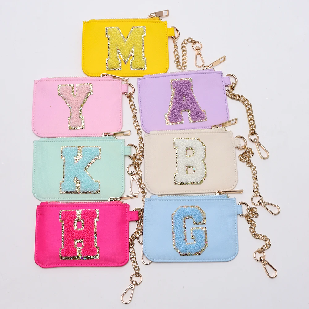 New Arrival 7 Colors DIY Personalized Waterproof Chenille Letter Patches Nylon Keychain Mini Zipper Small Coin Purse Wallet
