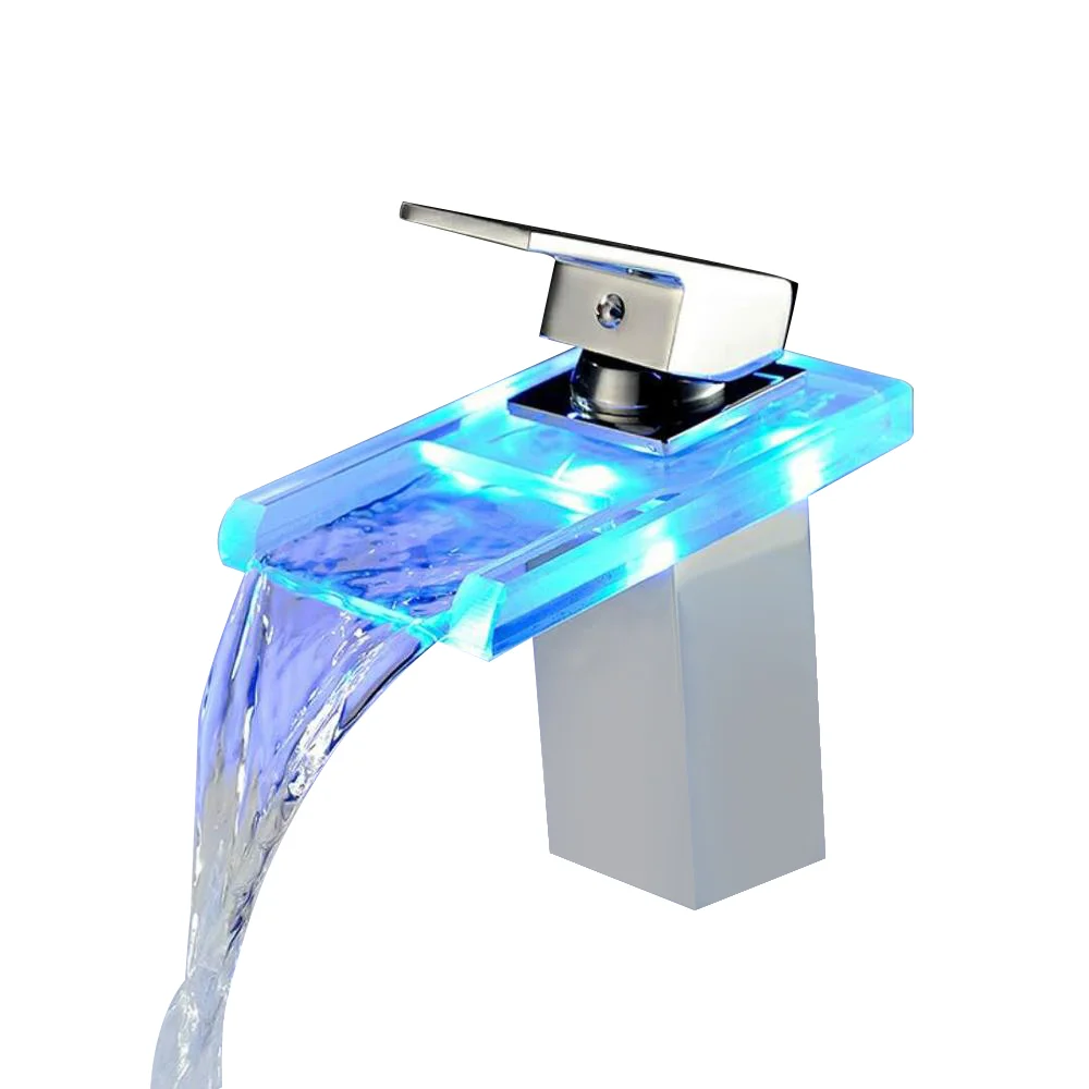 New Design LED Light Glass Spout Sink Faucet 3 colors Bathroom Basin Hot and Cold Water Waterfall Mixer Tap