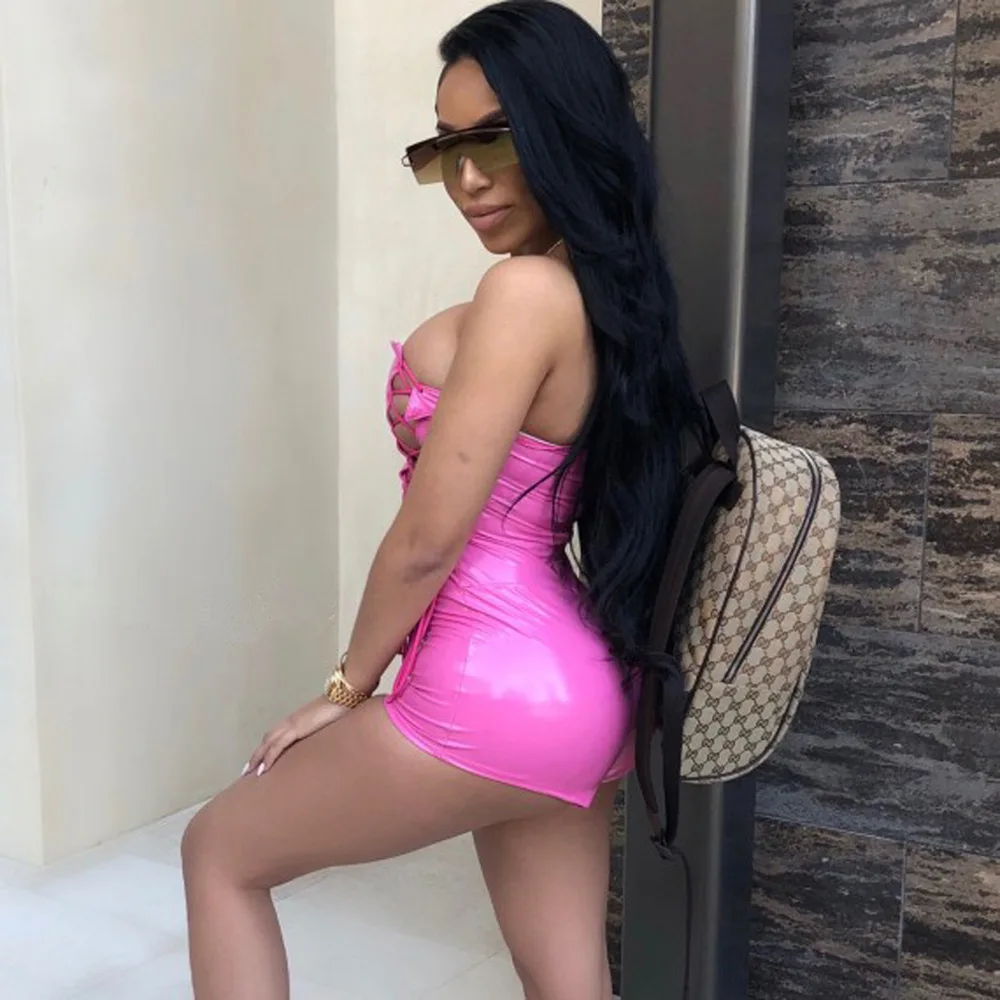 Wholesale S-XL 2024 summer hot sexy club wear strapless pu leather lace up shorts jumpsuit